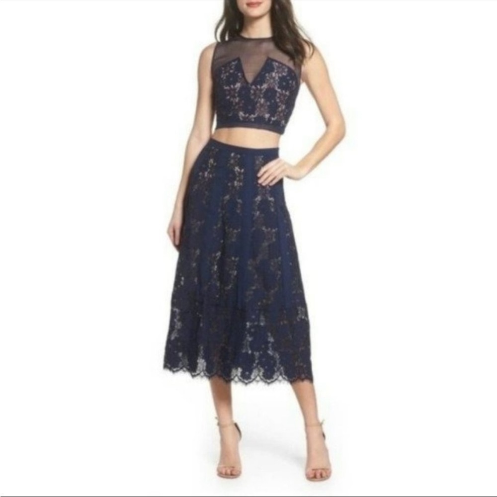 NWT Foxiedox atiqah two piece dress set navy skirt crop top lace midi